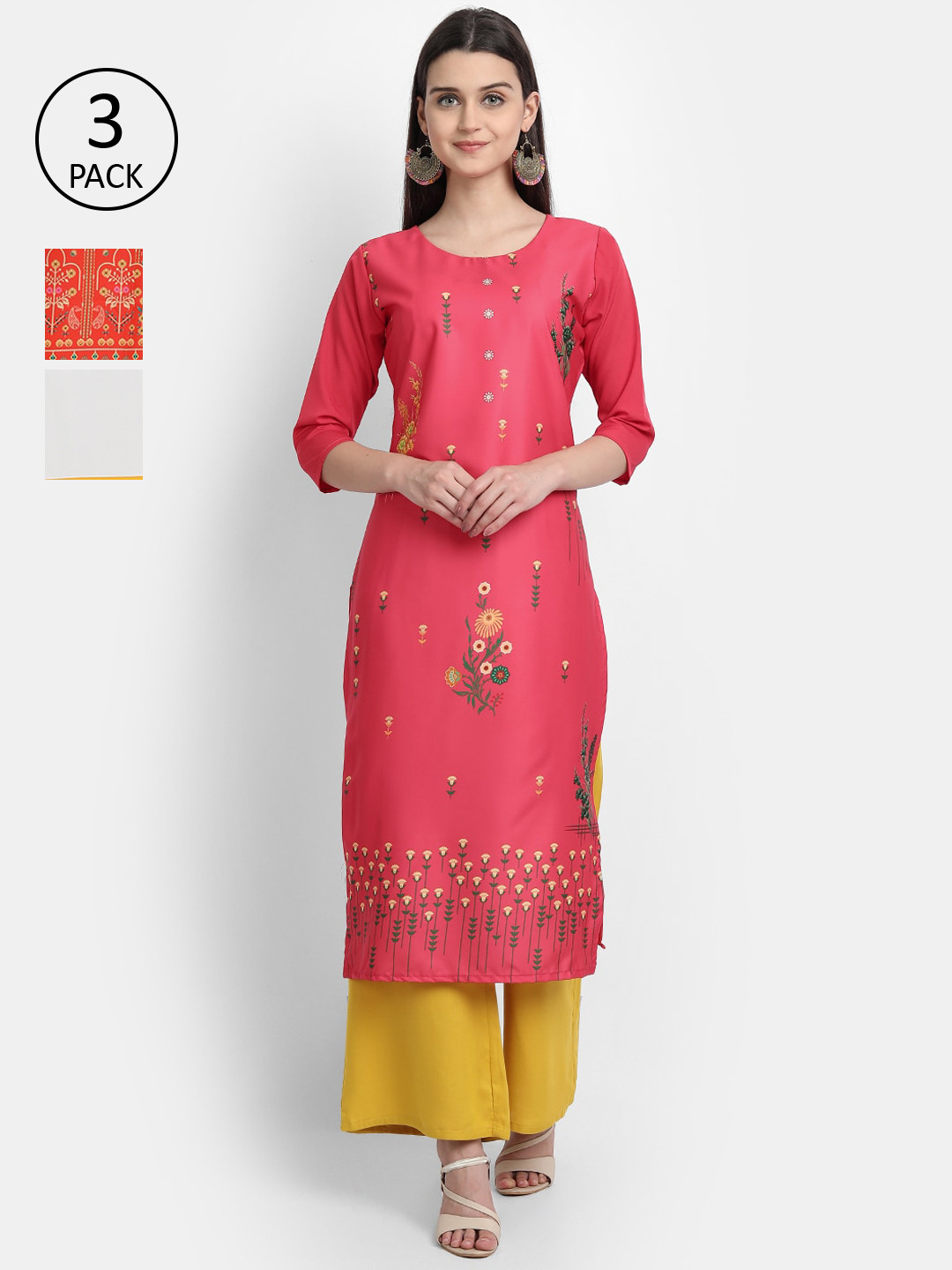 

Ethnic basket Women Orange & Black Pack Of 3 Ethnic Motifs Printed Crepe Kurta