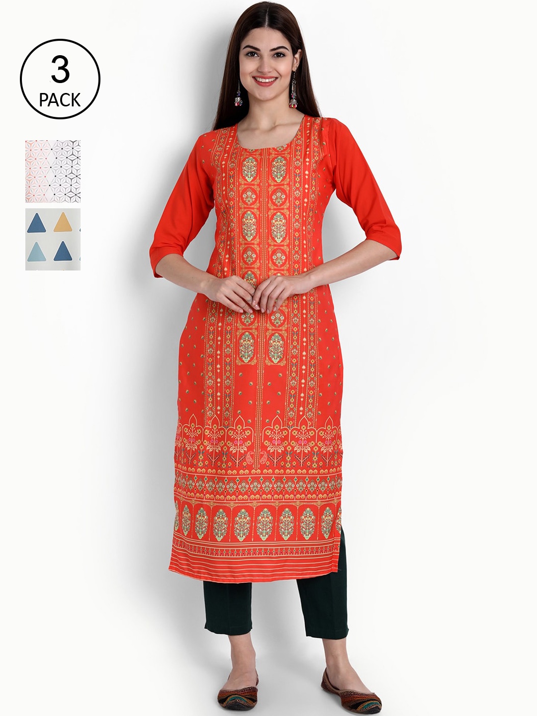 

Ethnic basket Women Pack of 3 Digital Printed Crepe Kurta, Red
