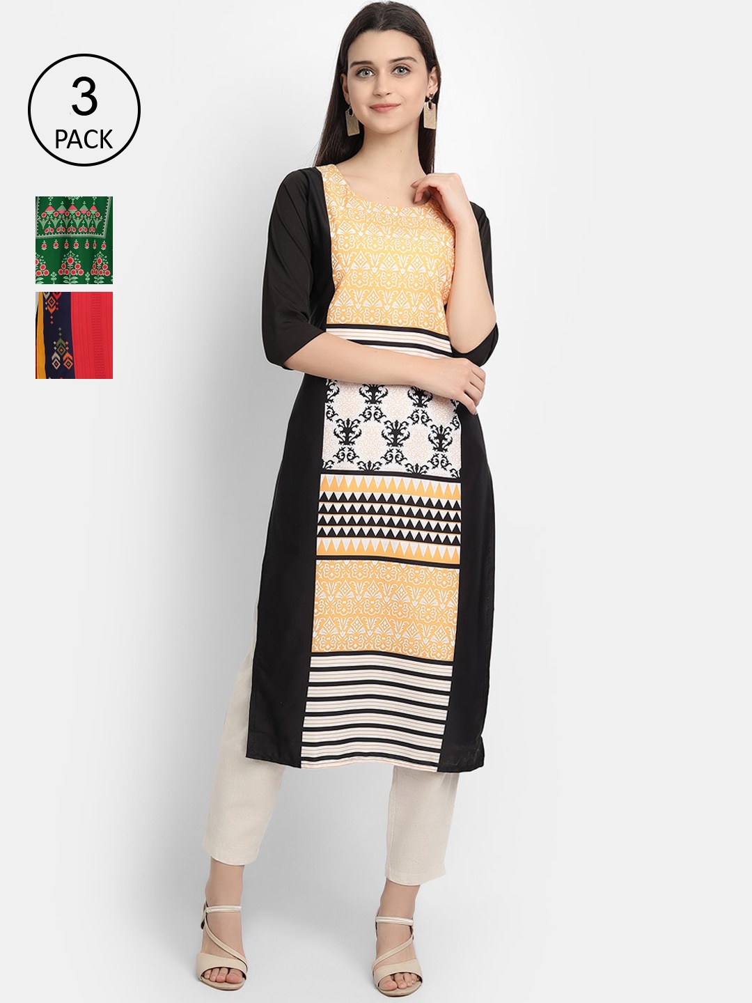 

Ethnic basket Women Pack of 3 Peach-Coloured & Red Ethnic Motifs Printed Crepe Kurtas