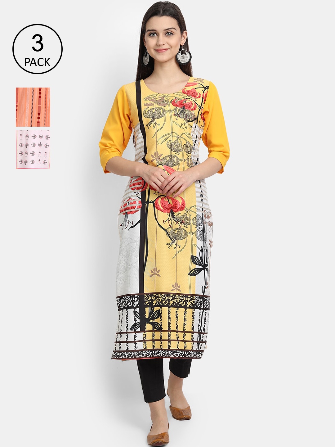 

Ethnic basket Women Pack of 3 Ethnic Motifs Printed Crepe Kurta, Yellow