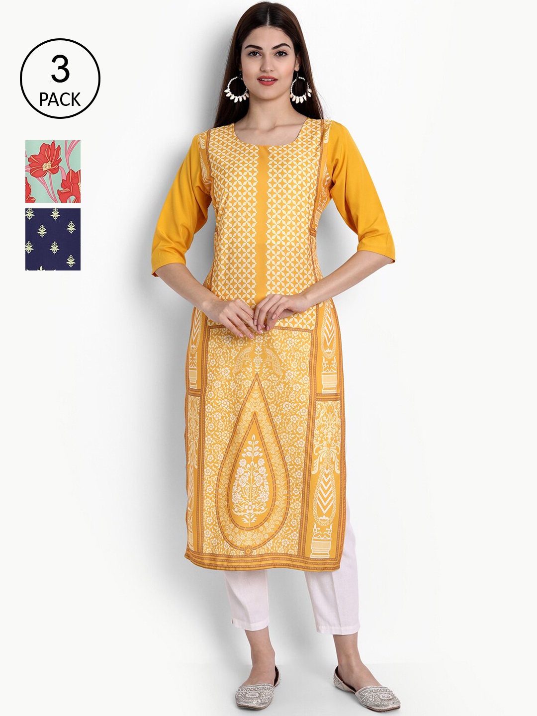 

Ethnic basket Women Pack of 3 Yellow & Navy Blue Floral Printed Crepe Kurtas