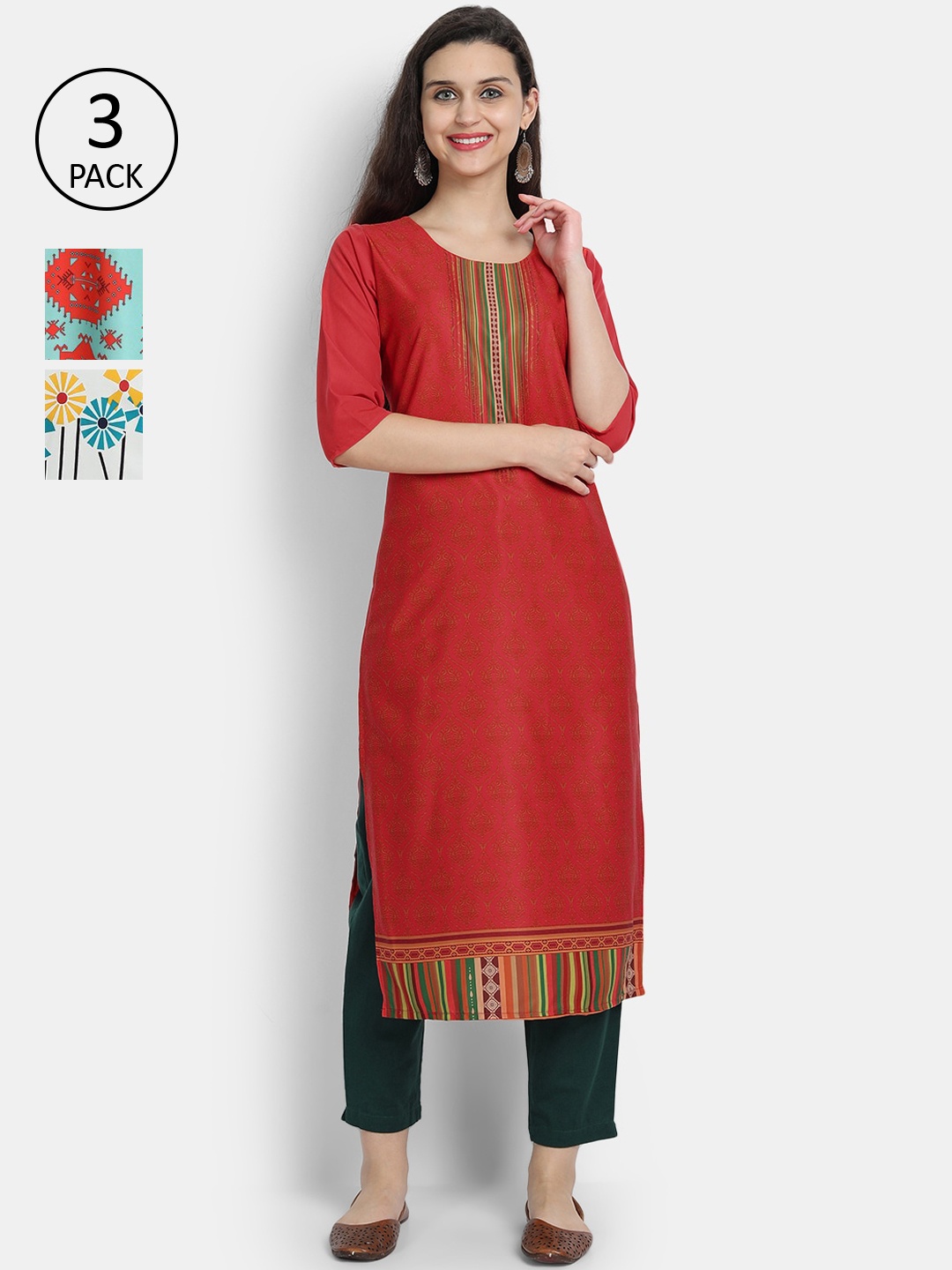 

Ethnic basket Women Pack of 3 Digital Printed Crepe Kurta, Red