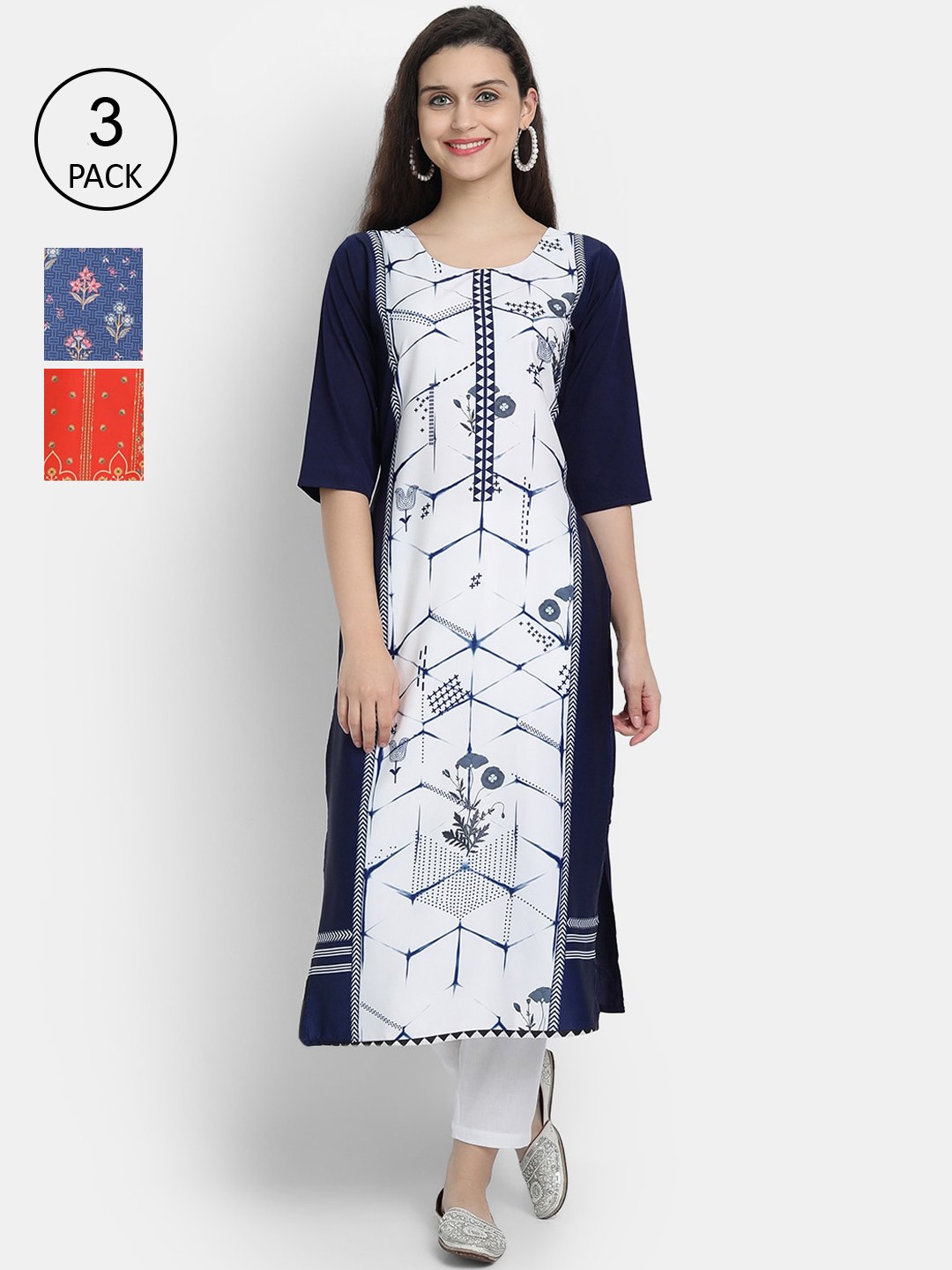 

Ethnic basket Women Set Of 3 Red & Blue Ethnic Motifs Printed Crepe Kurta
