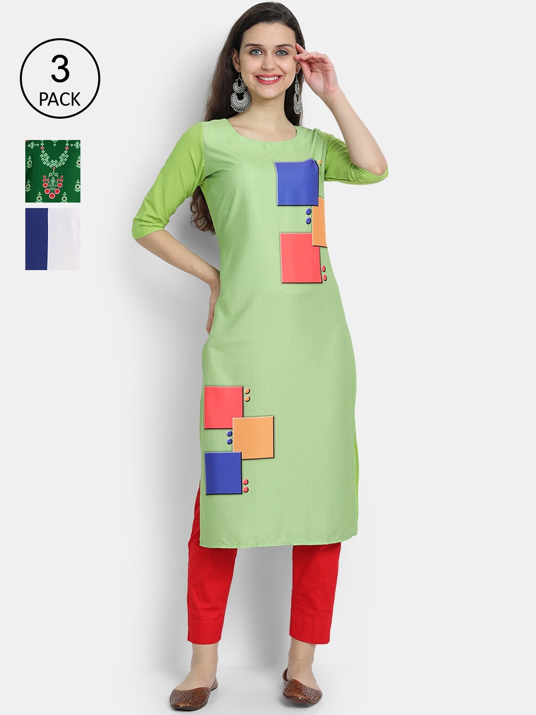 

Ethnic basket Women Green & White Pack Of 3 Colourblocked Crepe Kurta