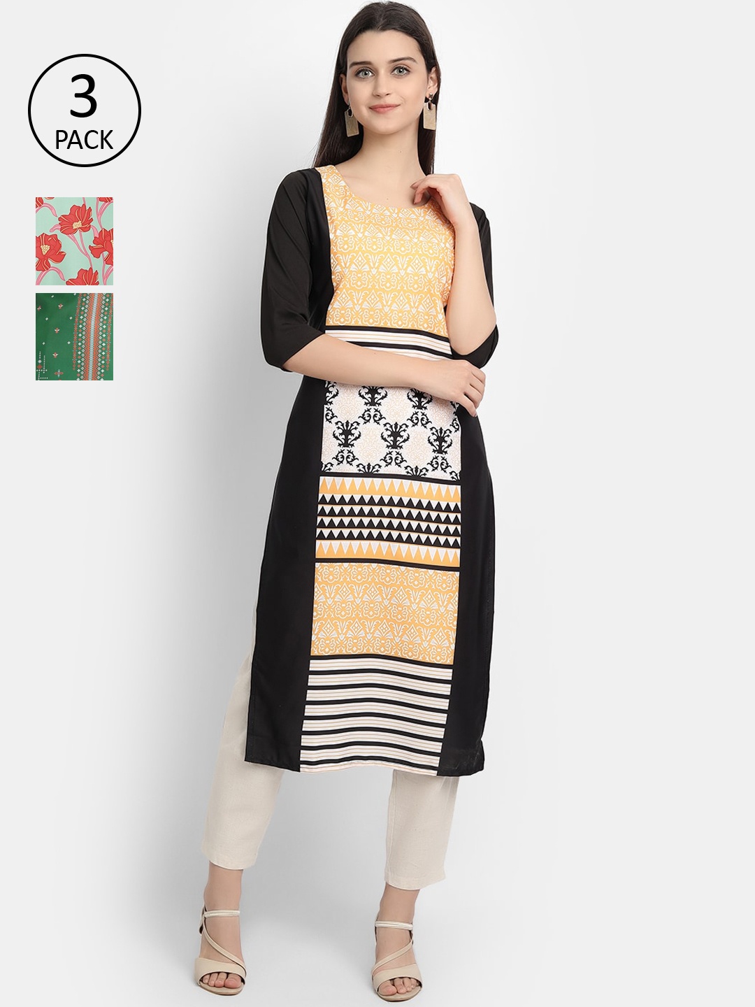 

Ethnic basket Women Yellow & Green Pack Of 3 Ethnic Motifs Printed Crepe Kurta