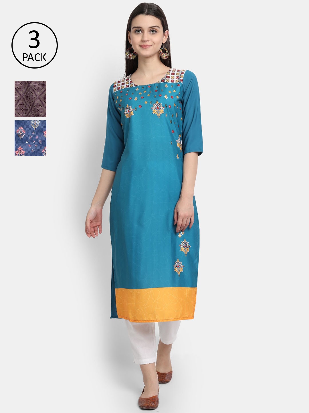 

Ethnic basket Women Set Of 3 Blue & Burgundy Floral Printed Crepe Kurta
