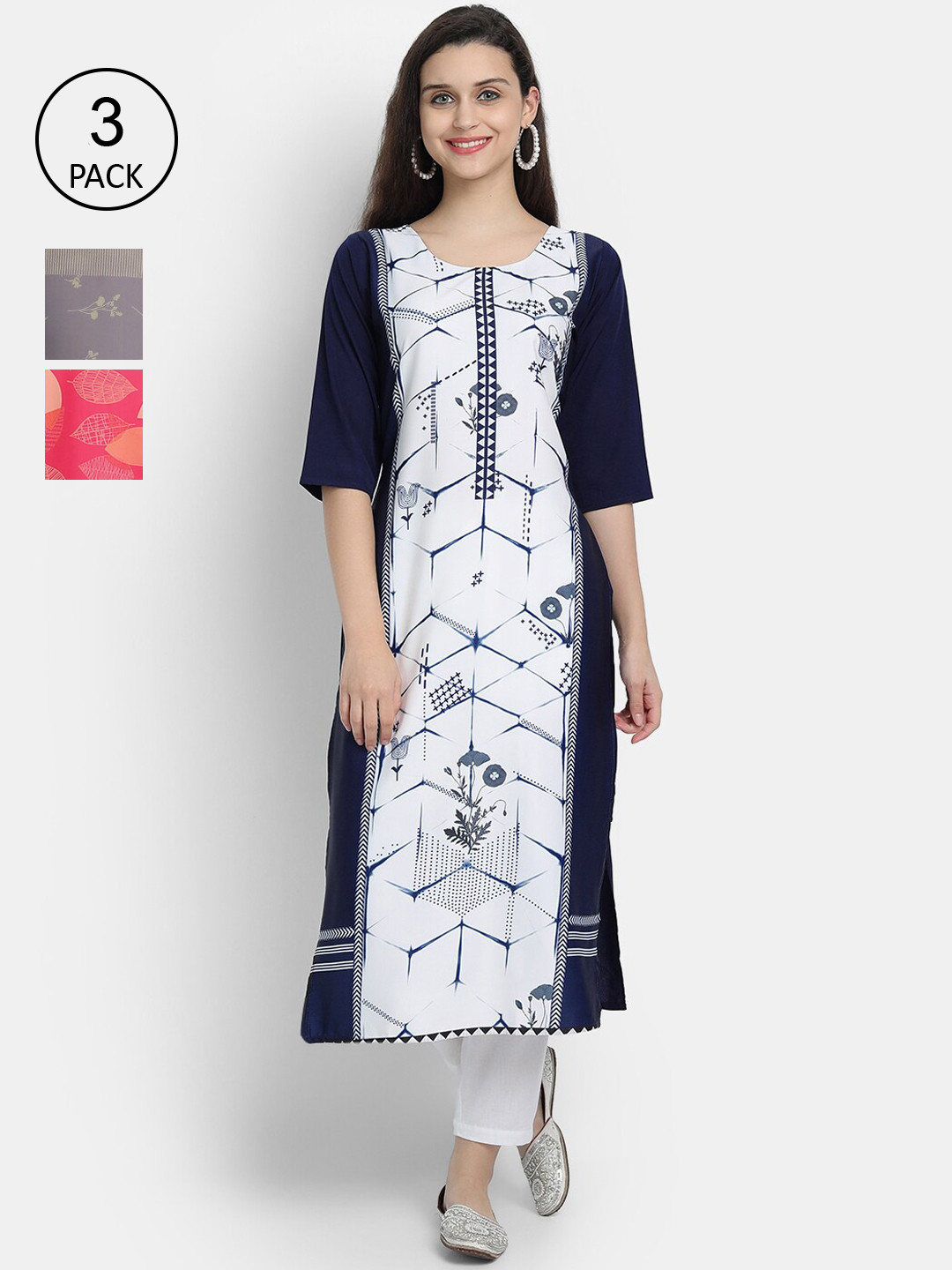 

Ethnic basket Women White & Grey Pack Of 3 Ethnic Motifs Printed Crepe Kurta