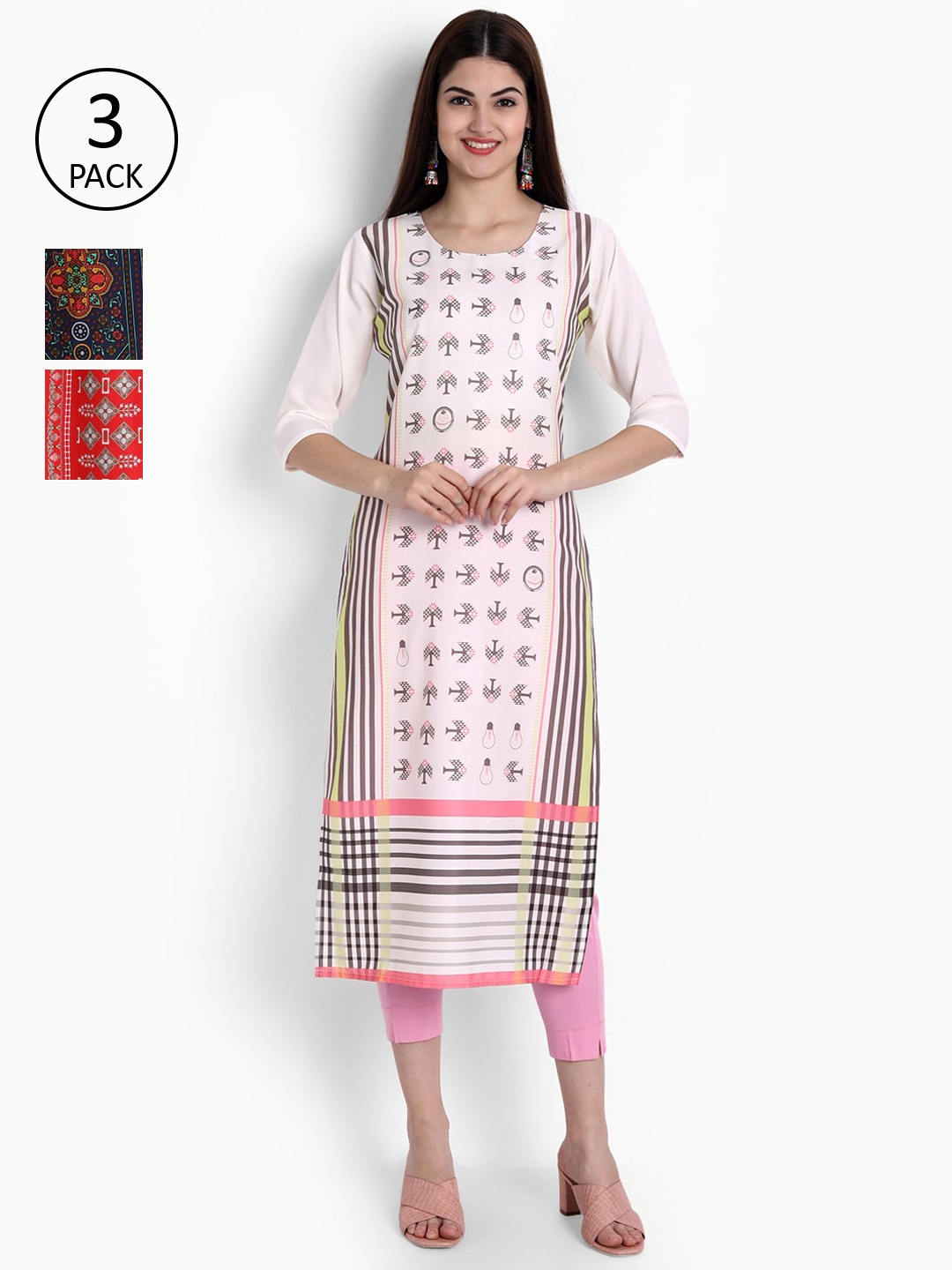 

Ethnic basket Women Set Of 3 Pink & Red Geometric Printed Crepe Kurta