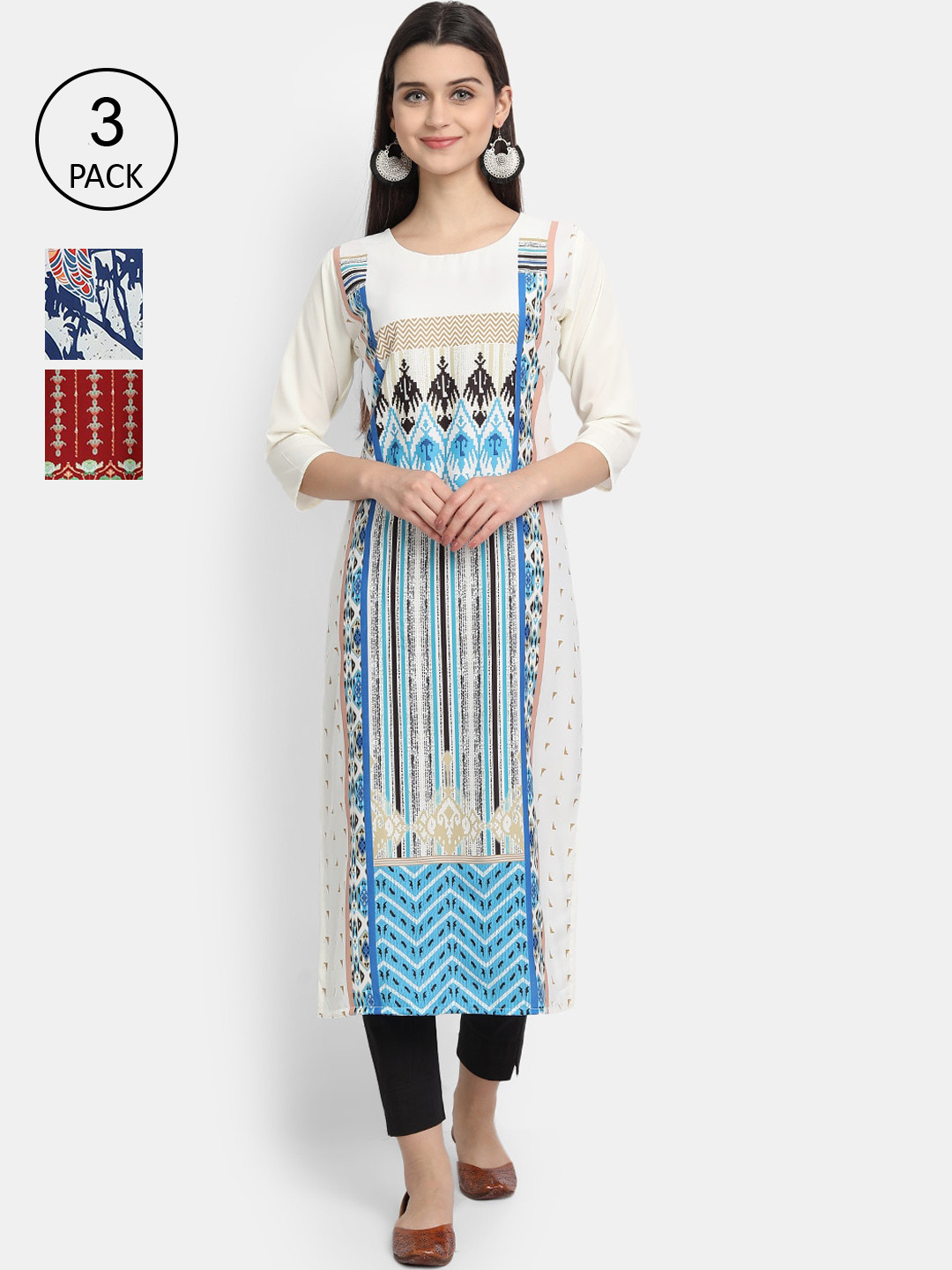 

Ethnic basket Women Pack of 3 Digital Printed Straight Kurtas, White