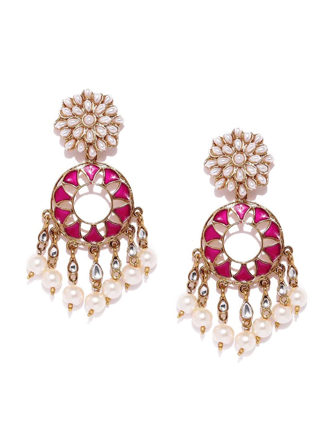 

Fida Gold-Toned & Magenta Embellished Drop Earrings