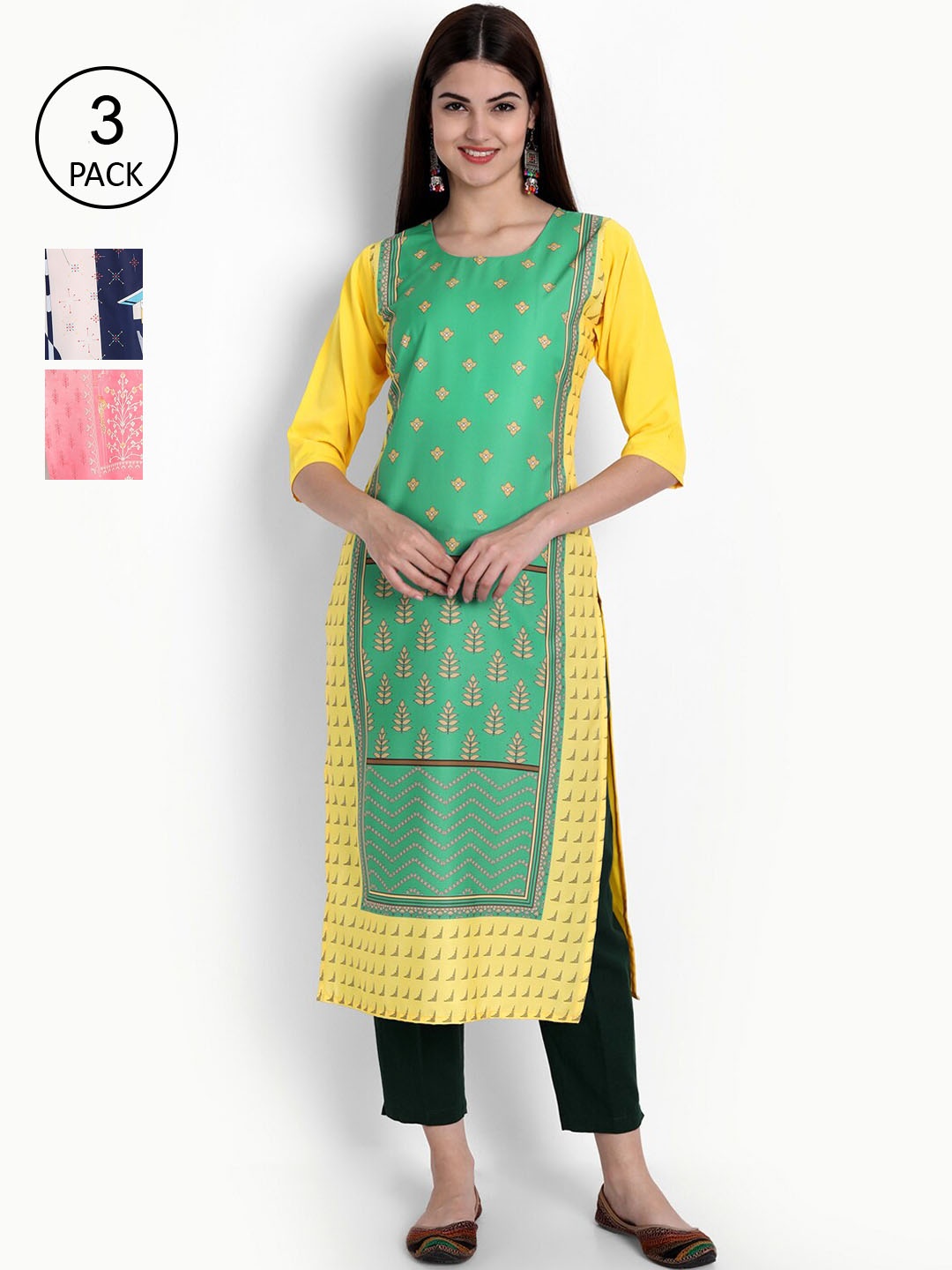 

Ethnic basket Women Set Of 3 Pink & Green Floral Printed Crepe Kurta