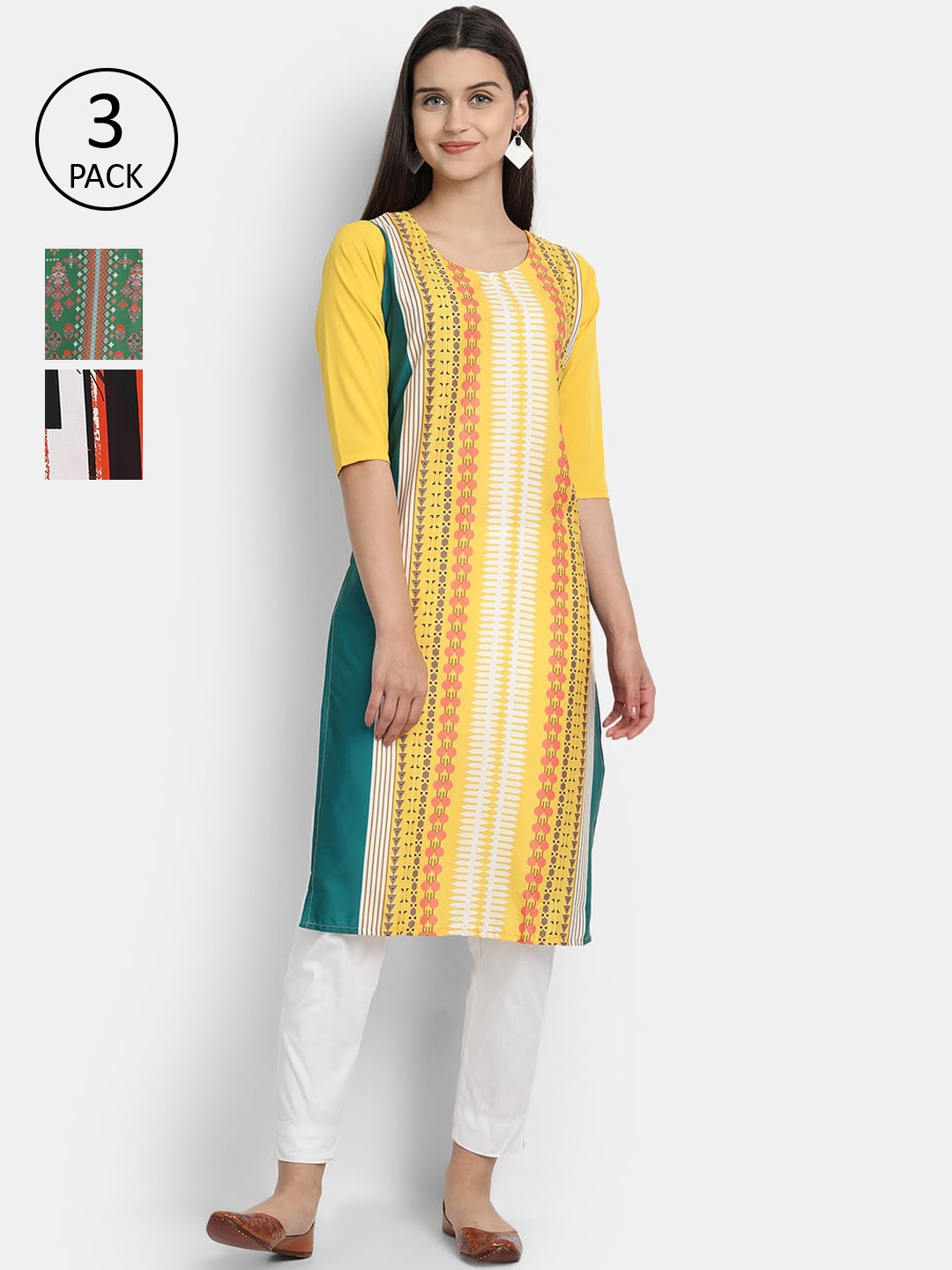 

Ethnic basket Women Multicoloured Set of 3 Ethnic Motifs Printed Crepe Kurta, Multi