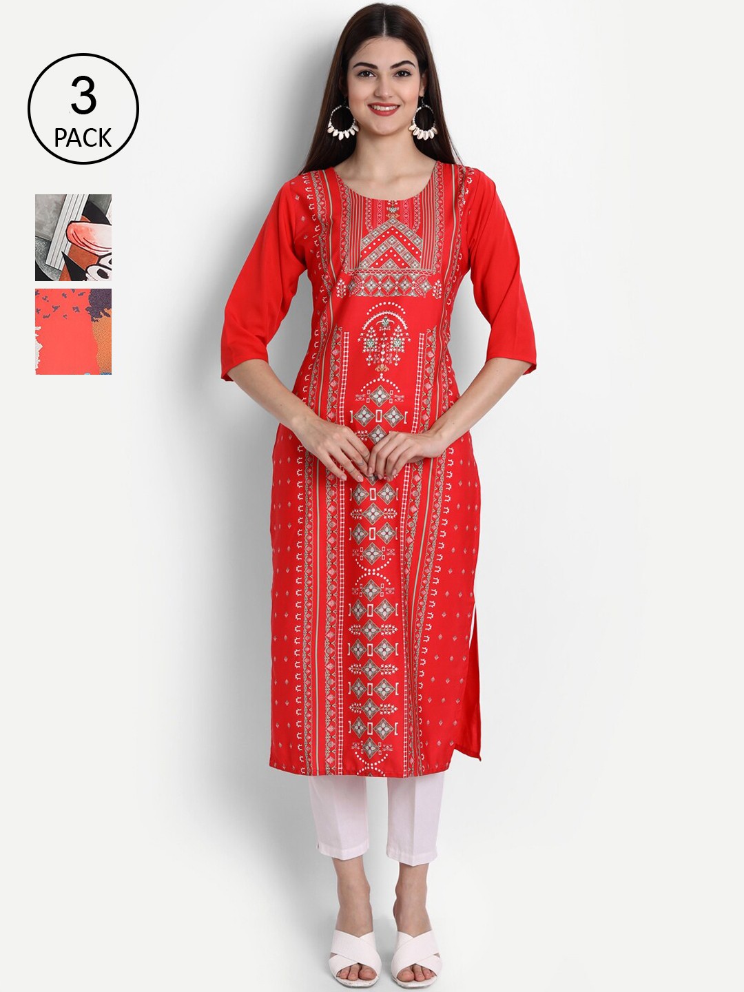 

Ethnic basket Women Pack Of 3 Digital Printed Crepe Kurta, Red