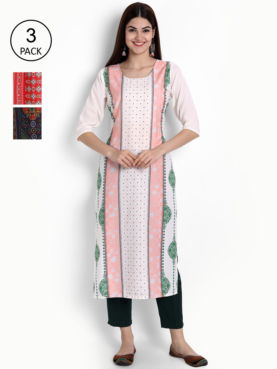

Ethnic basket Women Pack of 3 Printed Crepe Kurta, White