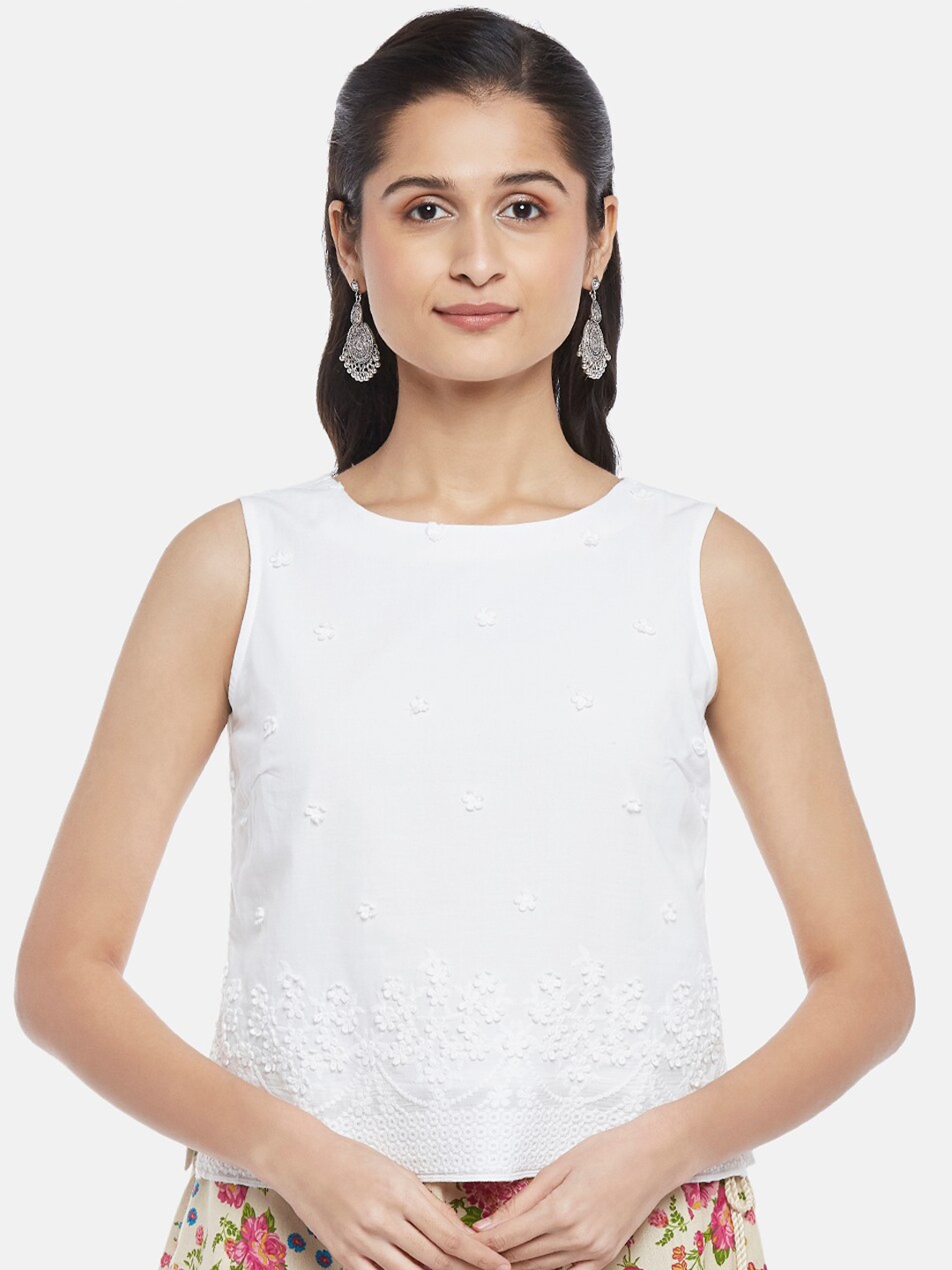 

AKKRITI BY PANTALOONS Women White Self Design Pure Cotton Crop Top