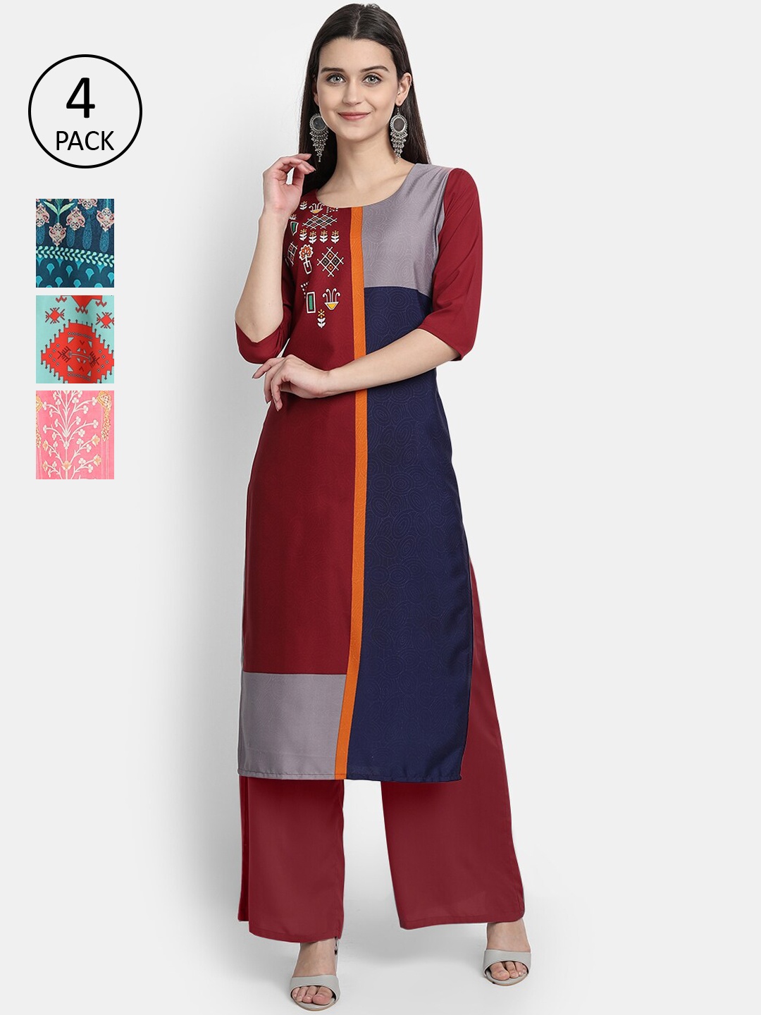 

Ethnic basket Women Multicoloured Set of 4 Geometric Printed Crepe Kurta, Multi