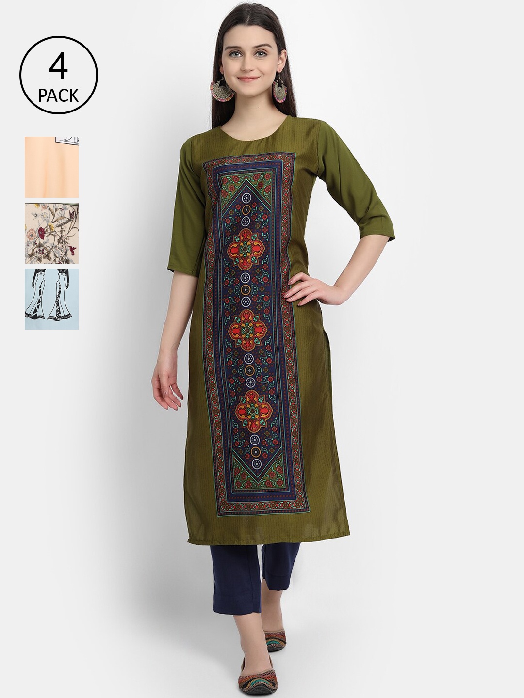 

Ethnic basket Women Green & Blue Geometric Printed Crepe Kurta Pack Of 4
