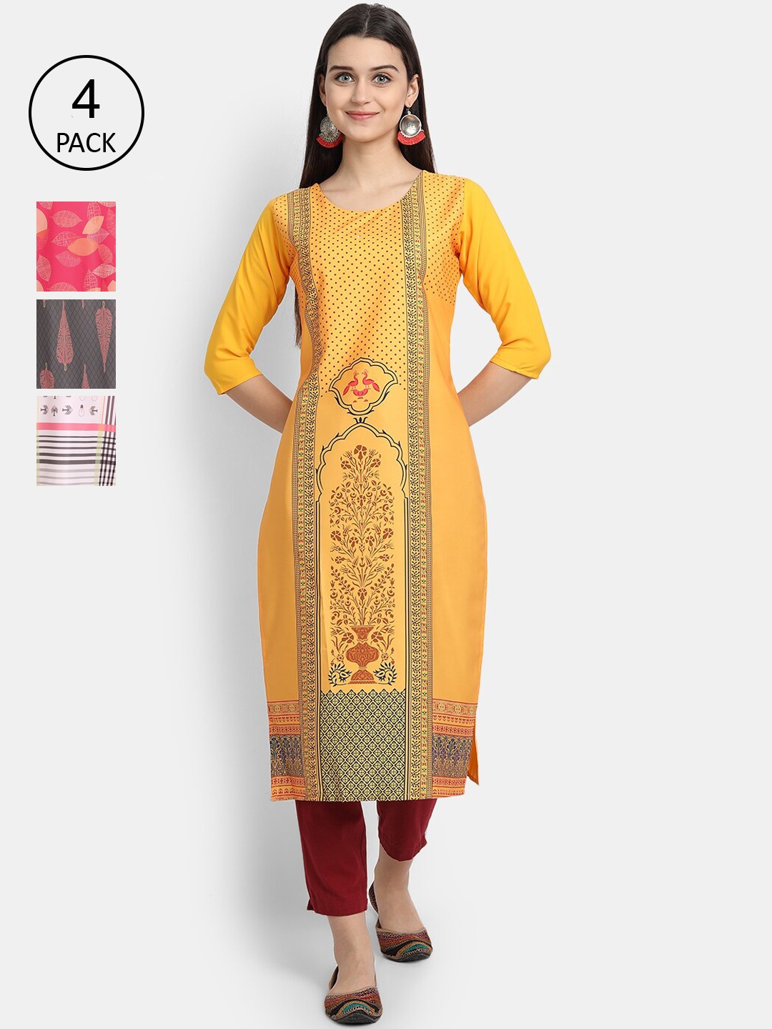 

Ethnic basket Women Pack of 4 Yellow & Peach-Coloured Ethnic Motifs Printed Crepe Kurtas