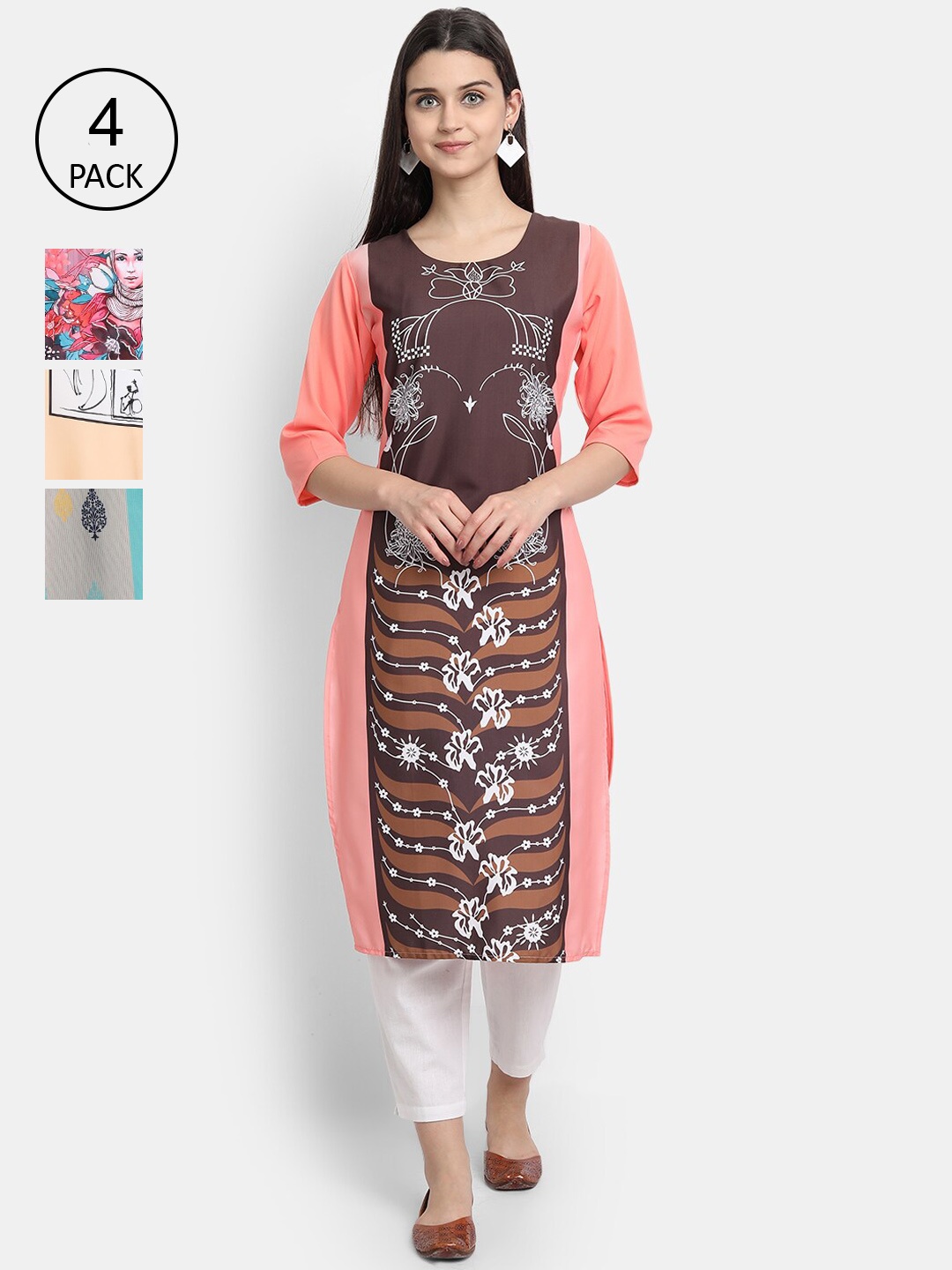 

Ethnic basket Women Pack of 4 Digital Printed Straight Kurtas, Peach