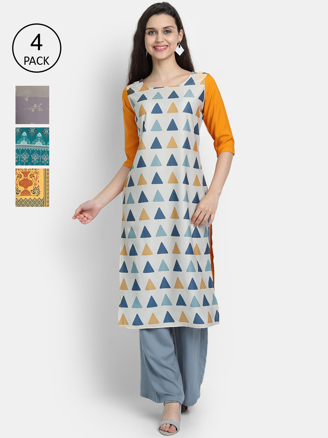 

Ethnic basket Women Pack of 4 Multicoloured Ethnic Motifs Printed Crepe Kurta, Multi