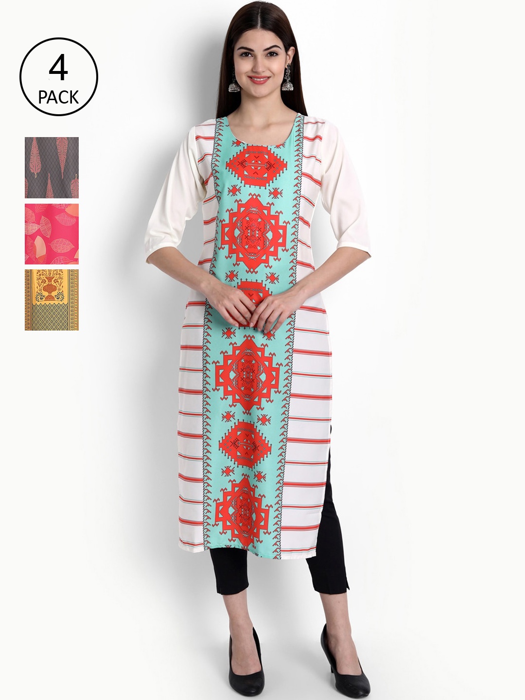

Ethnic basket Women Set Of 4 Pink & Yellow Geometric Printed Crepe Kurta