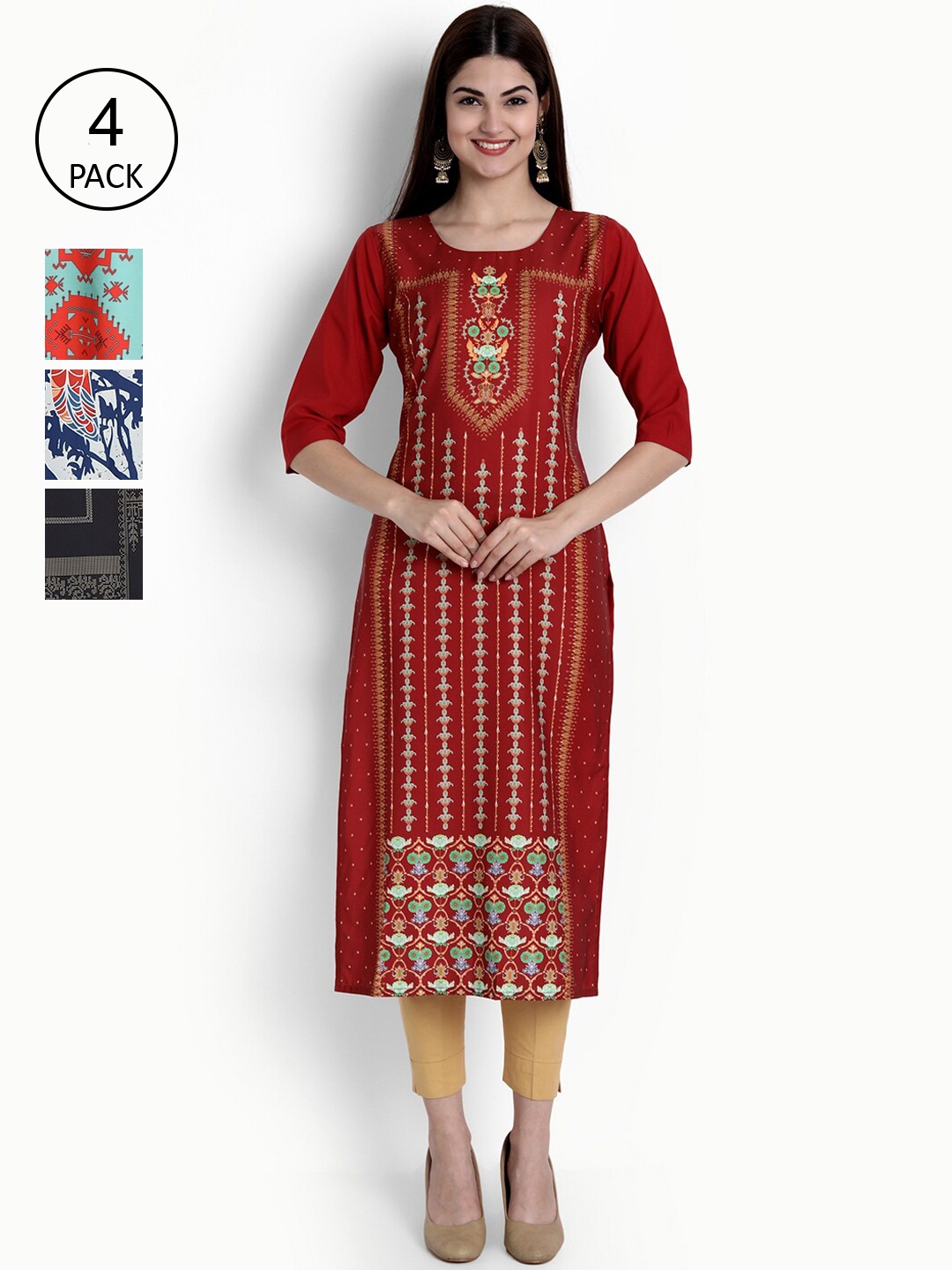 

Ethnic basket Women Multicoloured Set of 4 Ethnic Motifs Printed Crepe Kurta, Multi