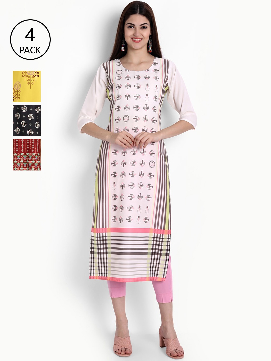 

Ethnic basket Women Pack Of 4 Digital Printed Crepe Kurta, White