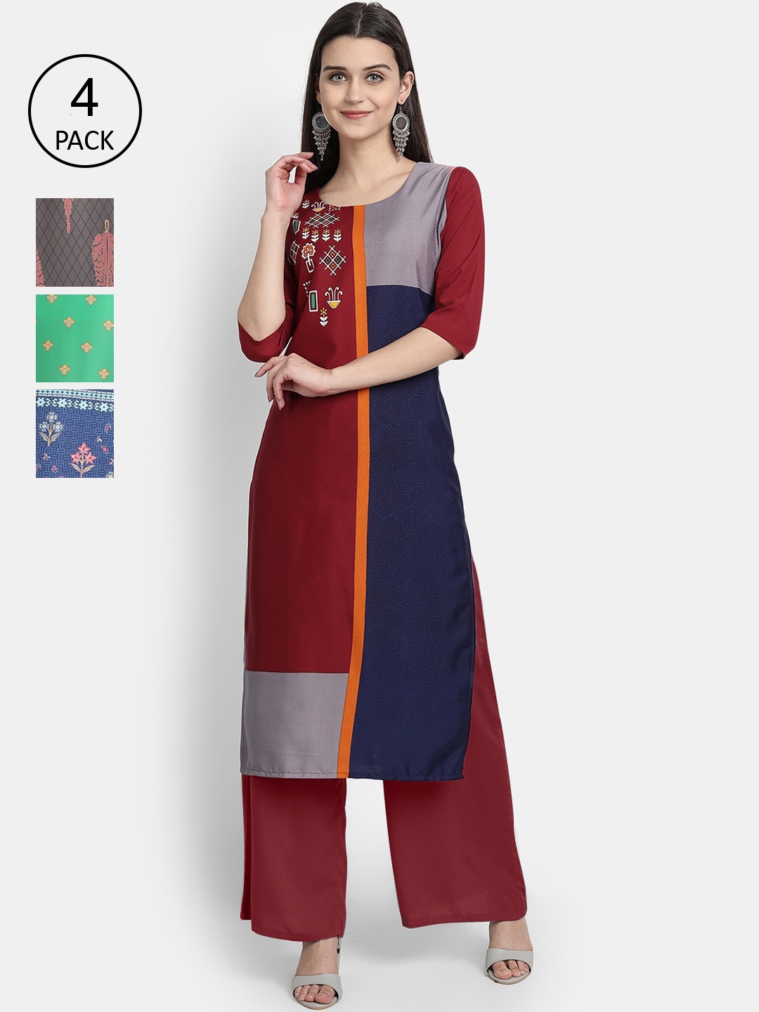 

Ethnic basket Women Pack of 4 Ethnic Motifs Printed Crepe Kurta, Red