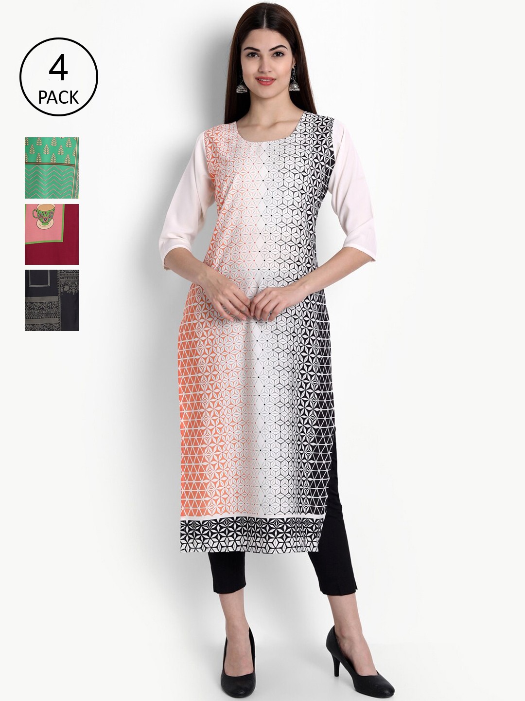 

Ethnic basket Women Pack Of 4 Digital Printed Crepe Kurta, White