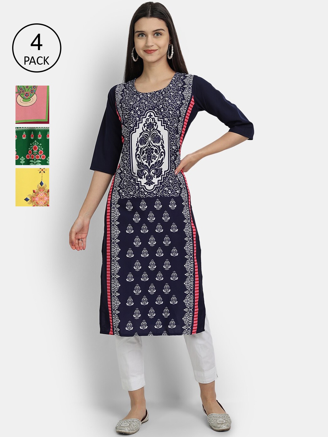

Ethnic basket Women Set Of 4 Navy Blue & Yellow Ethnic Motifs Printed Crepe Kurta