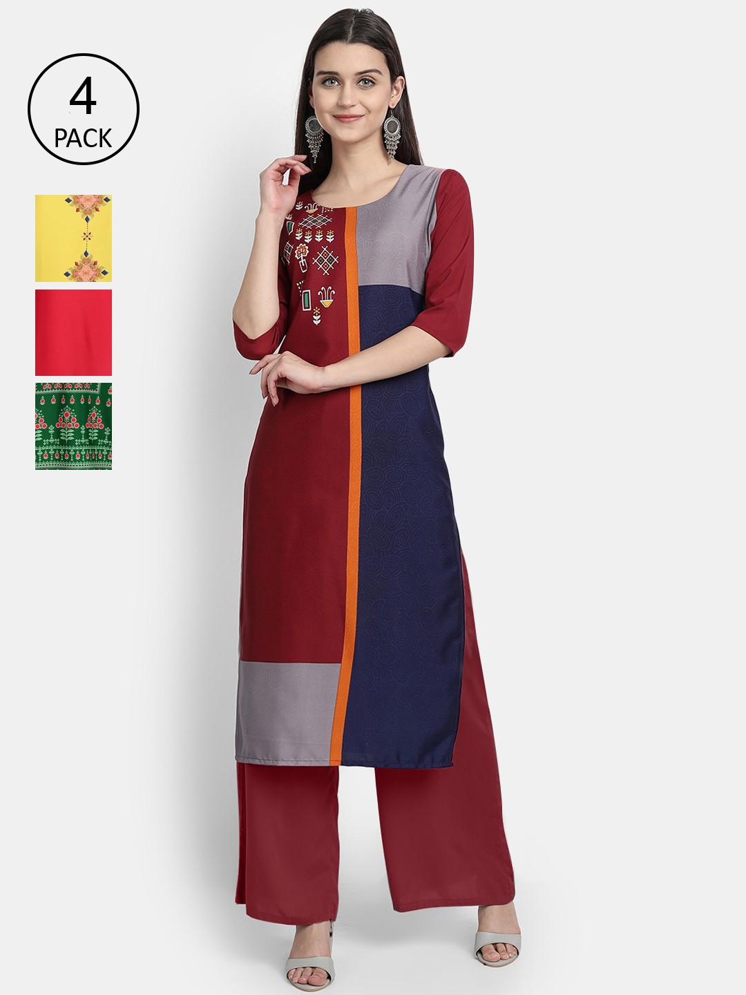 

Ethnic basket Women Pack of 4 Digital Printed Straight Kurtas, Maroon