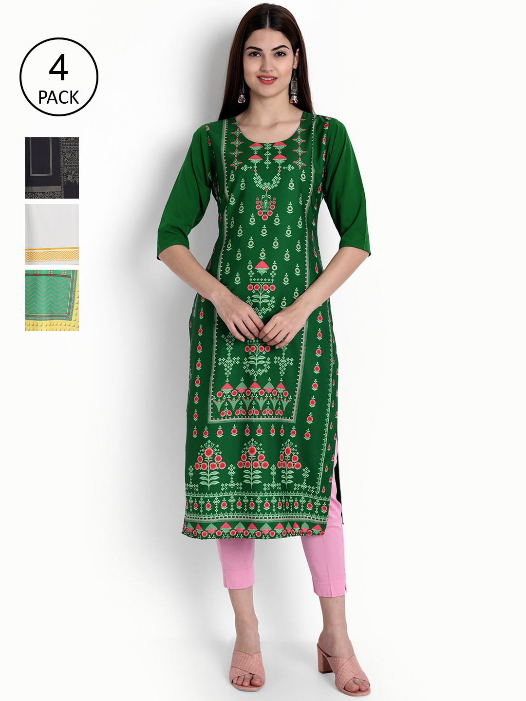 

Ethnic basket Women Set Of 4 Green & Black Ethnic Motifs Printed Crepe Kurta