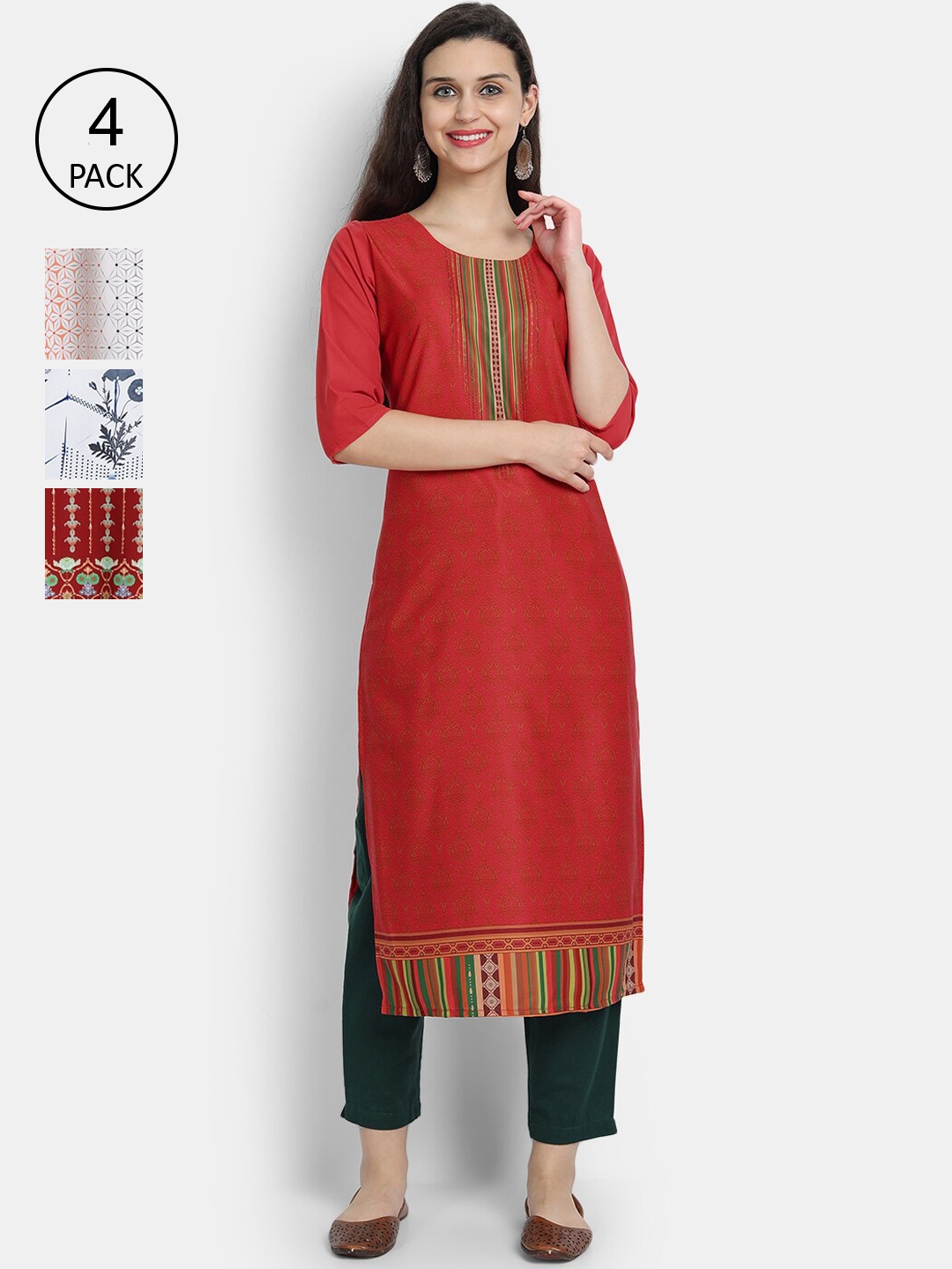 

Ethnic basket Women Pack of 4 Red & White Ethnic Motifs Printed Crepe Kurtas