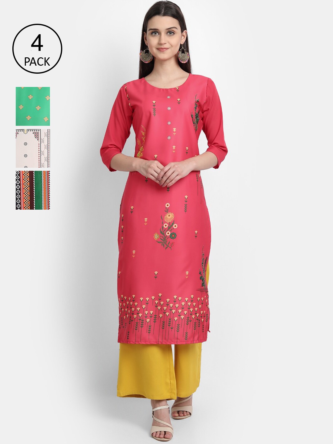 

Ethnic basket Women Set Of 4 Pink & Green Ethnic Motifs Printed Crepe Kurta