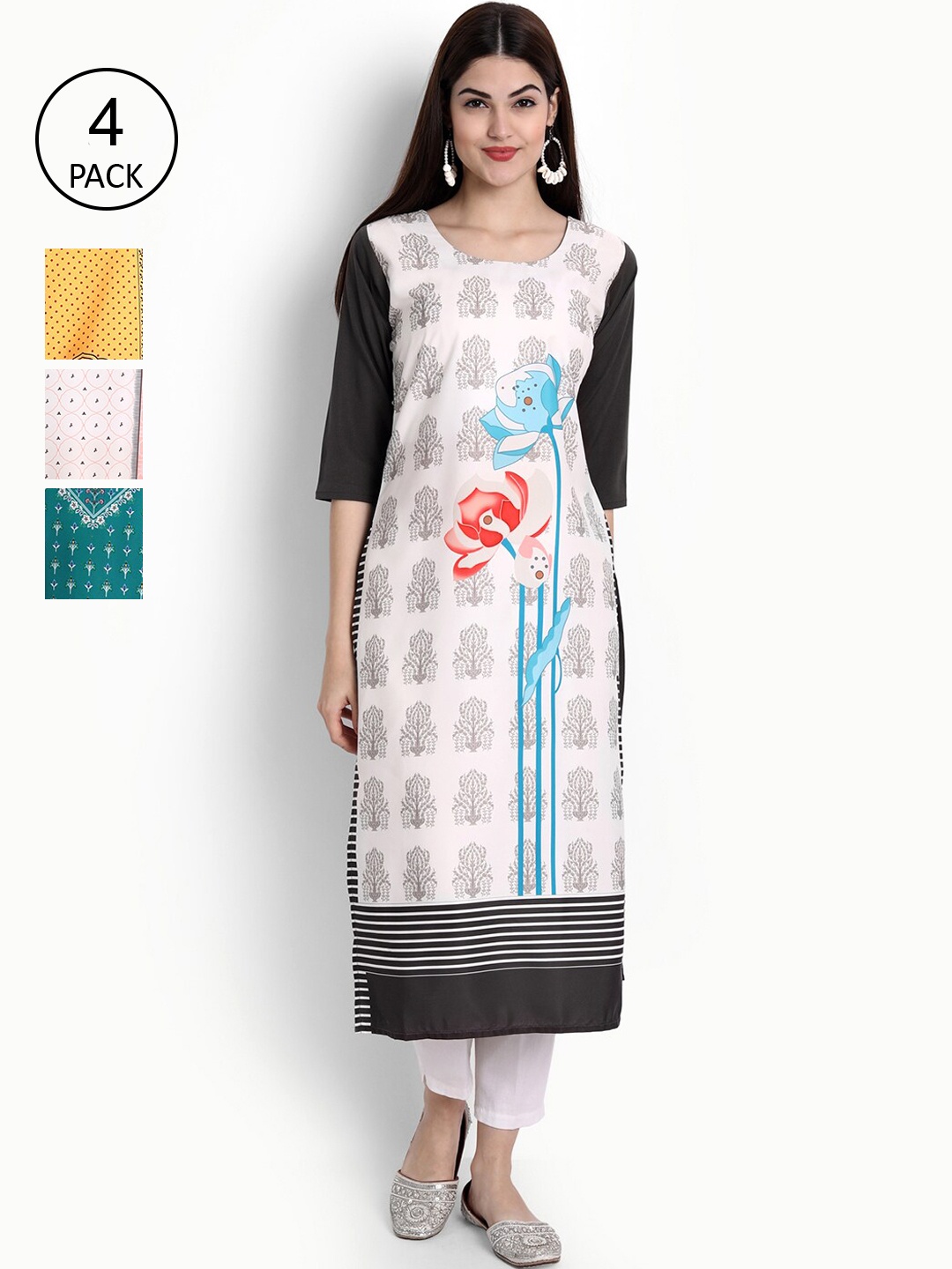 

Ethnic basket Women Multicoloured Set of 4 Ethnic Motifs Printed Crepe Kurta, Multi