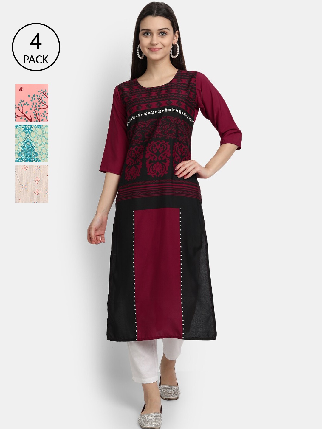 

Ethnic basket Women Set Of 4 Maroon & Peach-Coloured Ethnic Motifs Printed Crepe Kurta