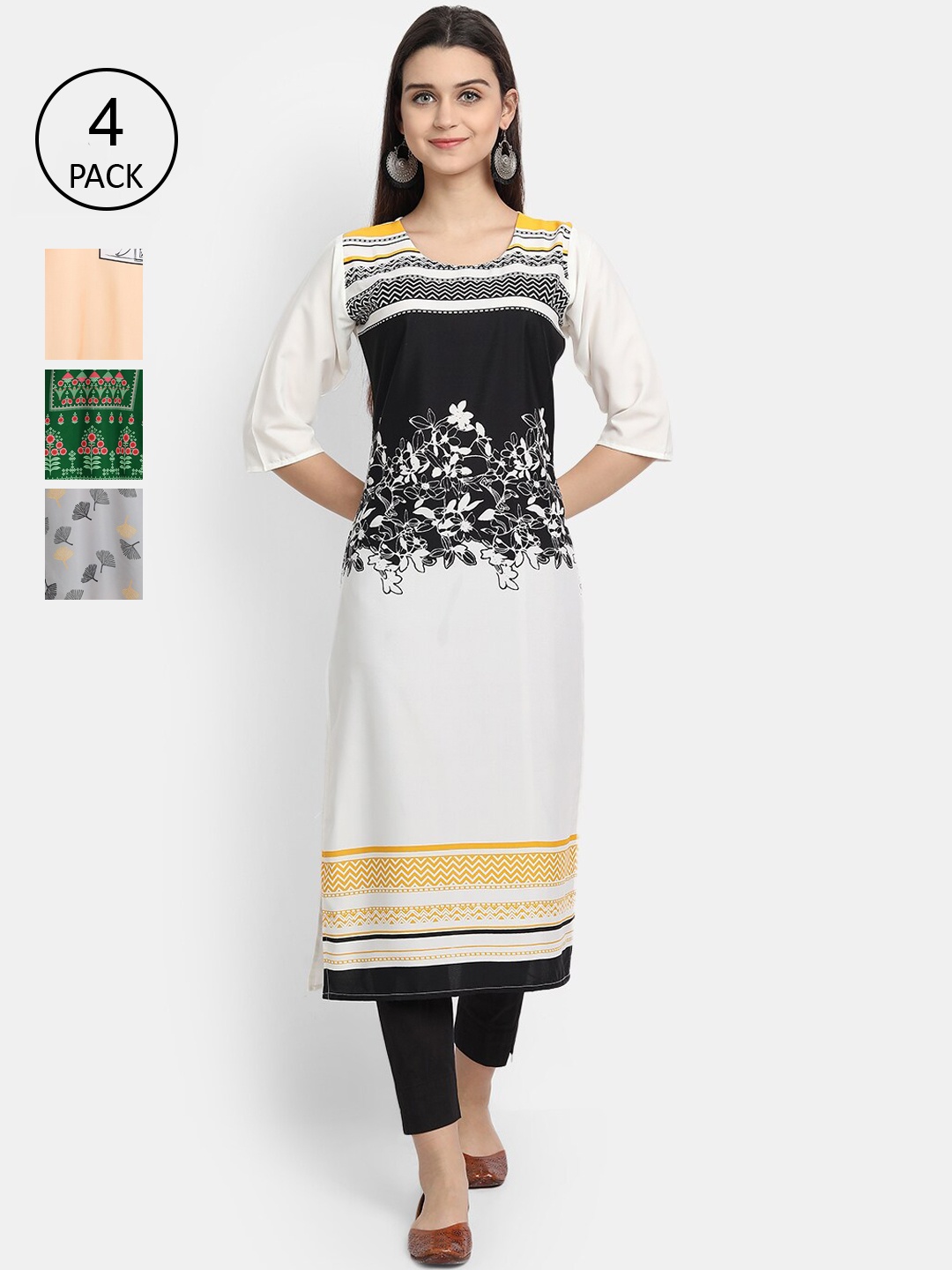 

Ethnic basket Women White & Green Floral Printed Crepe Kurta Pack Of 4