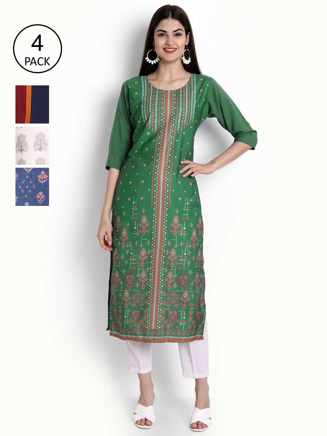 

Ethnic basket Women Pack of 4 Green & Blue Ethnic Motifs Printed Crepe Kurtas