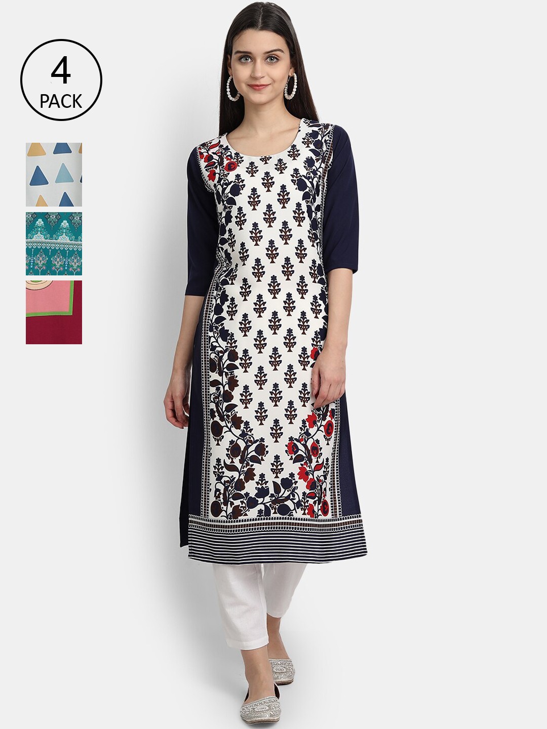 

Ethnic basket Women Pack Of 4 Digital Printed Crepe Kurta, White