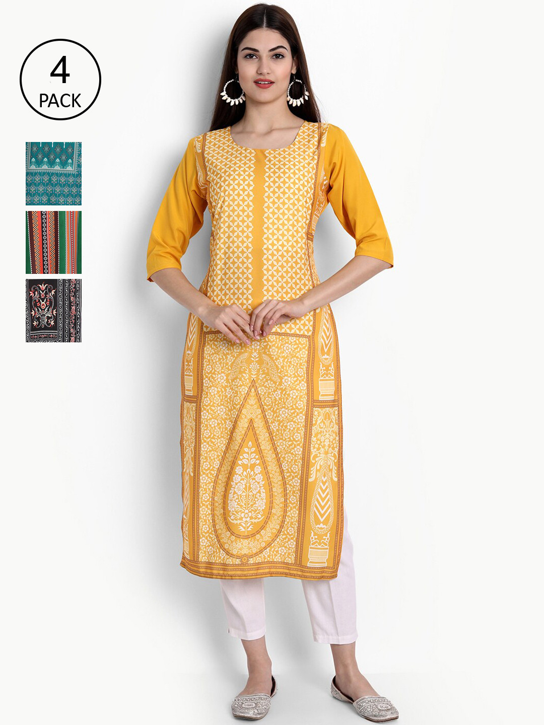 

Ethnic basket Women Pack of 4 Multicoloured Ethnic Motifs Printed Crepe Kurta, Multi