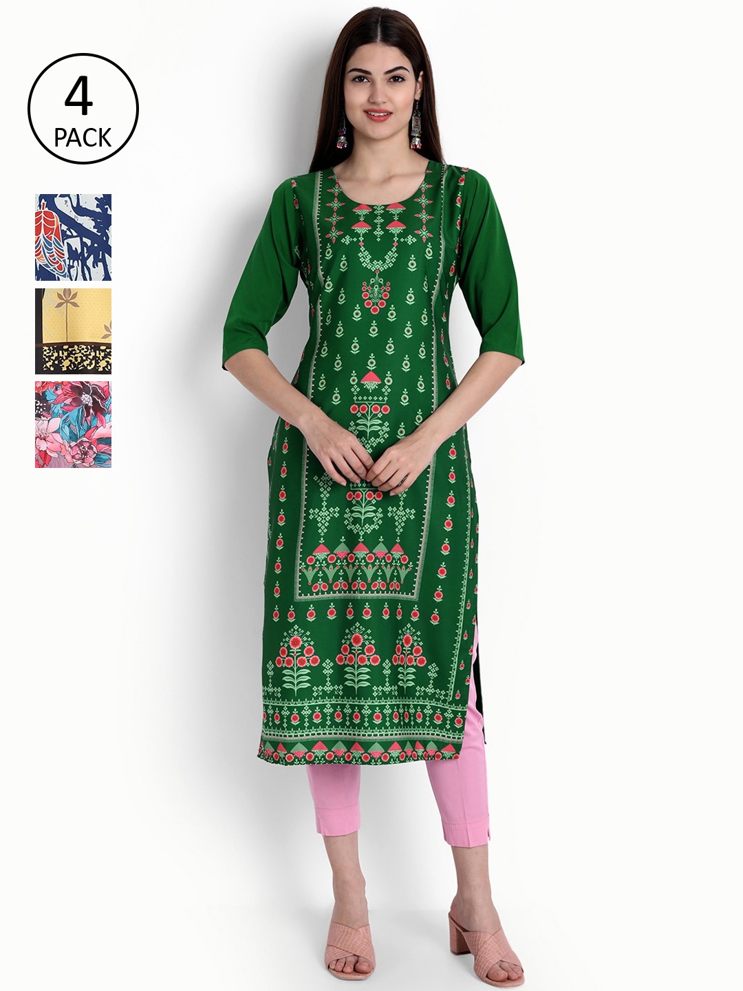 

Ethnic basket Women Pack Of 4 Digital Printed Crepe Kurta, Green