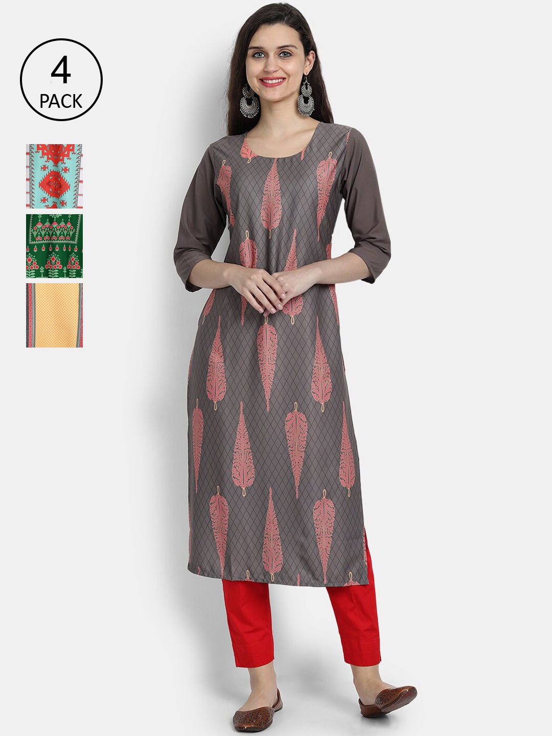

Ethnic basket Women Pack of 4 Digital Printed Straight Kurtas, Grey