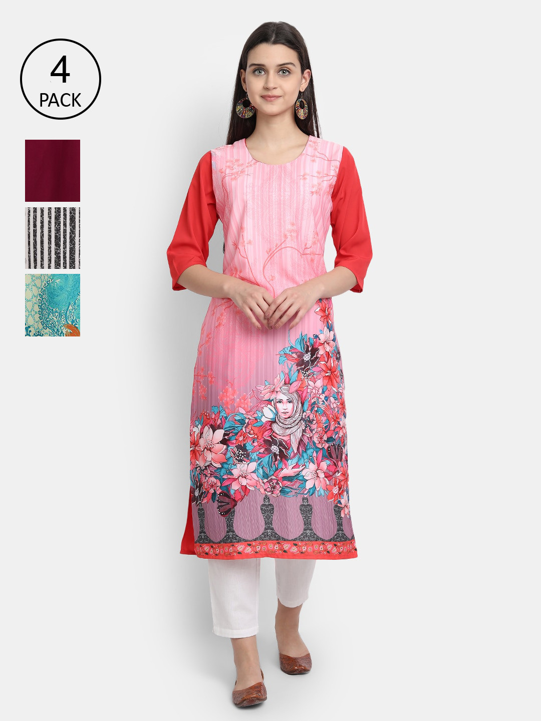 

Ethnic basket Women Pink & Black Ethnic Motifs Printed Crepe Kurta Pack Of 4
