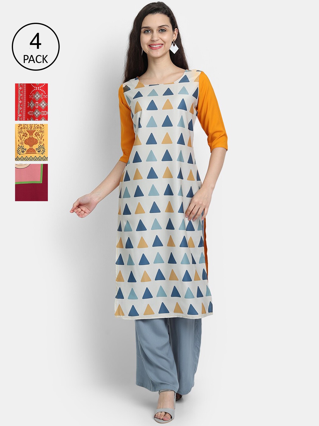 

Ethnic basket Women Pack of 4 Digital Printed Straight Kurtas, Off white