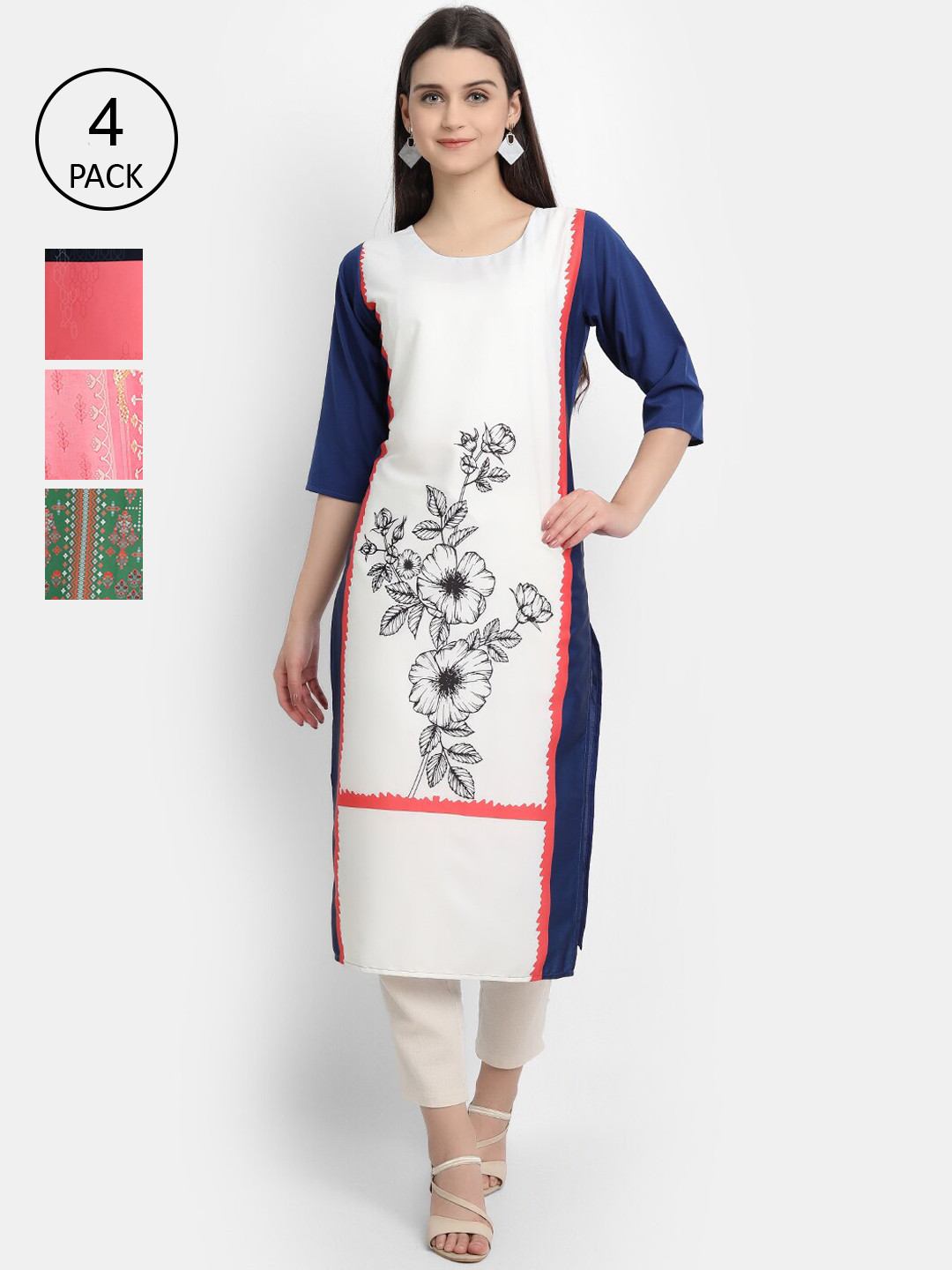 

Ethnic basket Women Multicoloured Set of 4 Ethnic Motifs Printed Crepe Kurta, Multi