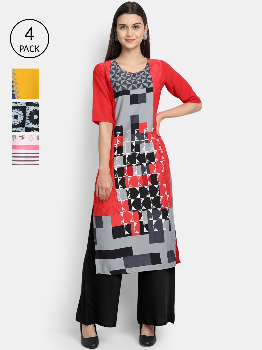 

Ethnic basket Women Pack of 4 Digital Printed Straight Kurtas, Red