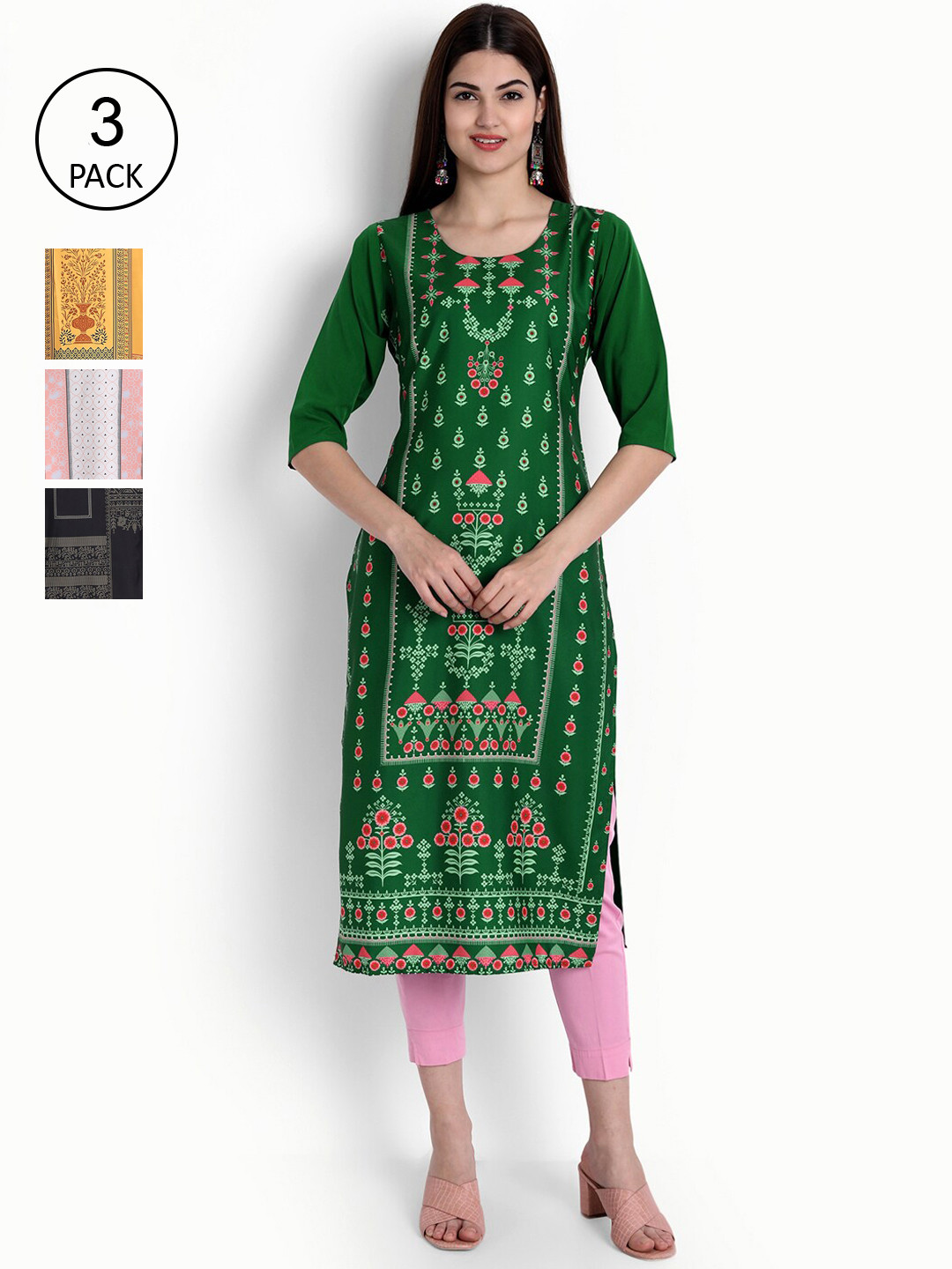 

Ethnic basket Women Pack of 3 Digital Printed Crepe Kurta, Green
