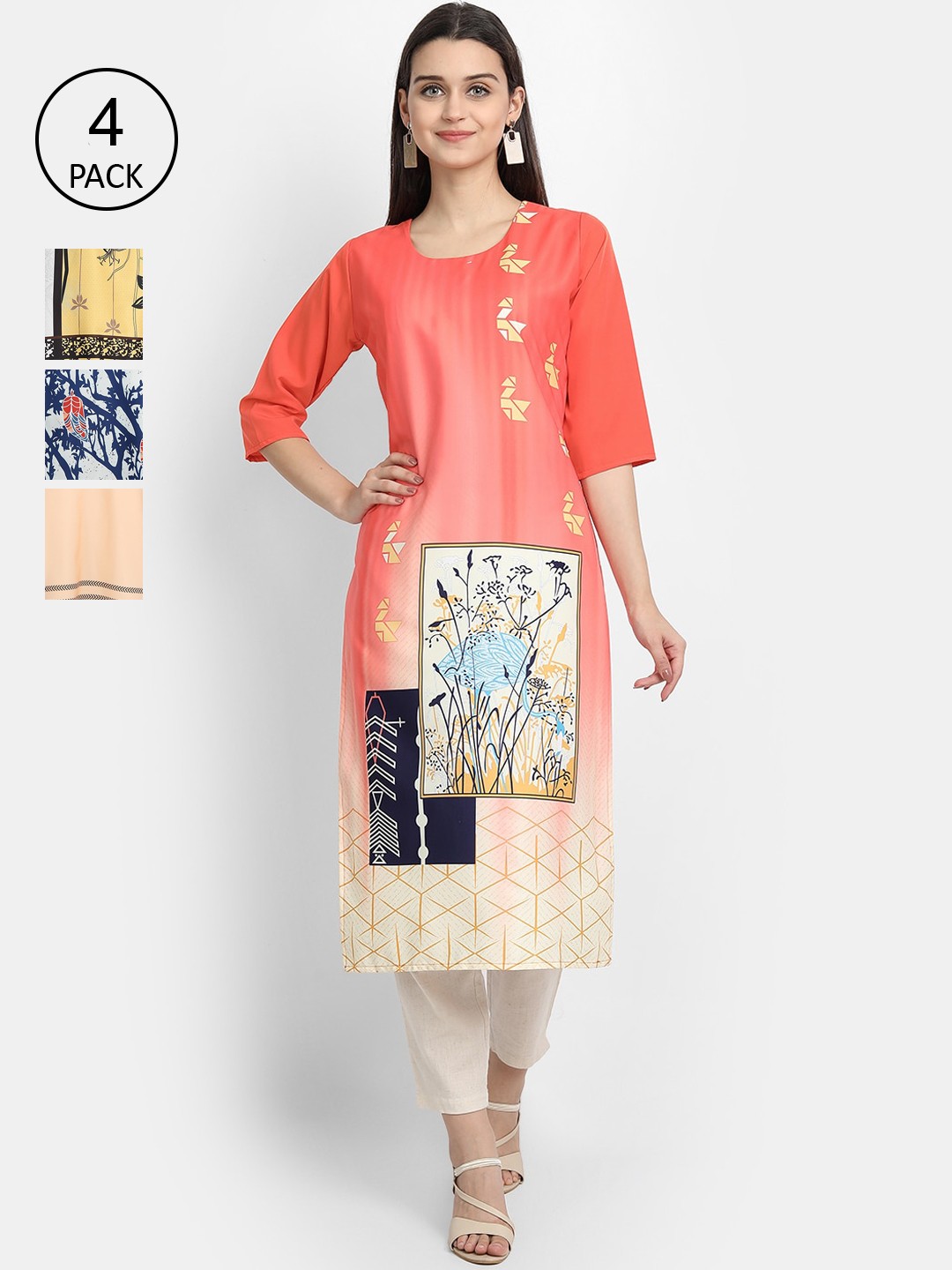 

Ethnic basket Women Set Of 4 Coral & Blue Floral Printed Crepe Kurta