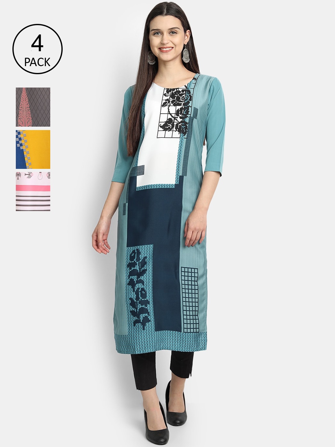 

Ethnic basket Women Multicoloured Set of 4 Ethnic Motifs Printed Crepe Kurta, Multi