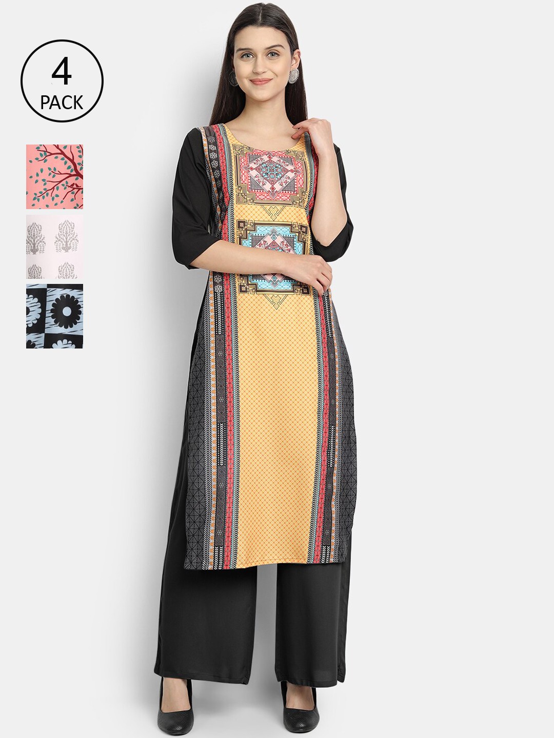 

Ethnic basket Women Pack of 4 Multicoloured Ethnic Motifs Printed Crepe Kurta, Multi
